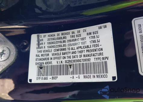 2008 Honda Cr-V Lx из США, поврежденный, VIN 3CZRE383X8G709092